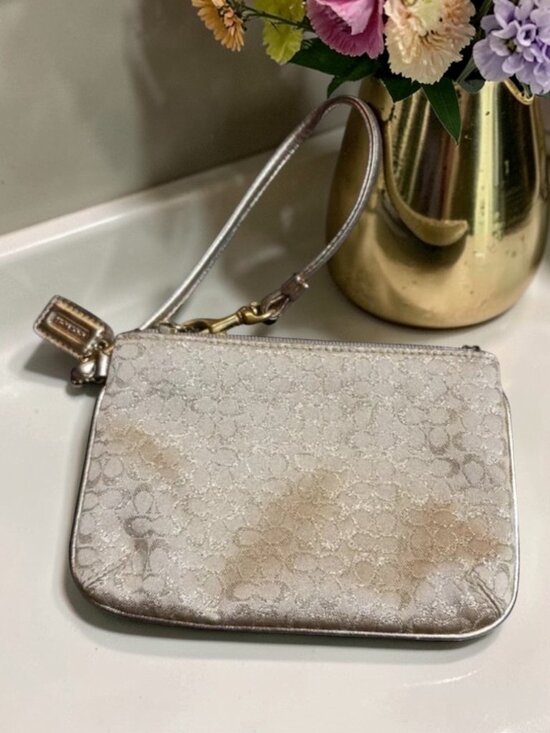 Coach Handbags - Coach Gold Metallic Leather  Jacquard Gold Thread Monogram C Wristlet Clutch